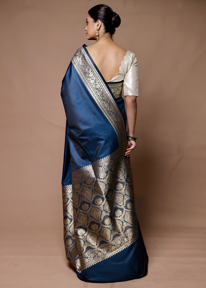 Blue Katan Silk Saree With Blouse Piece Free Shipping High Quality