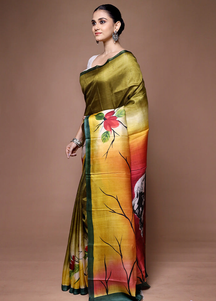 Green Printed Pure Silk Saree Without Blouse Piece Outlet Official Site