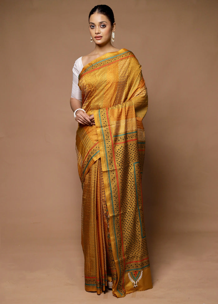 Yellow Handloom Kantha Stitch Pure Silk Saree With Blouse Piece Discounts Cheap Pice