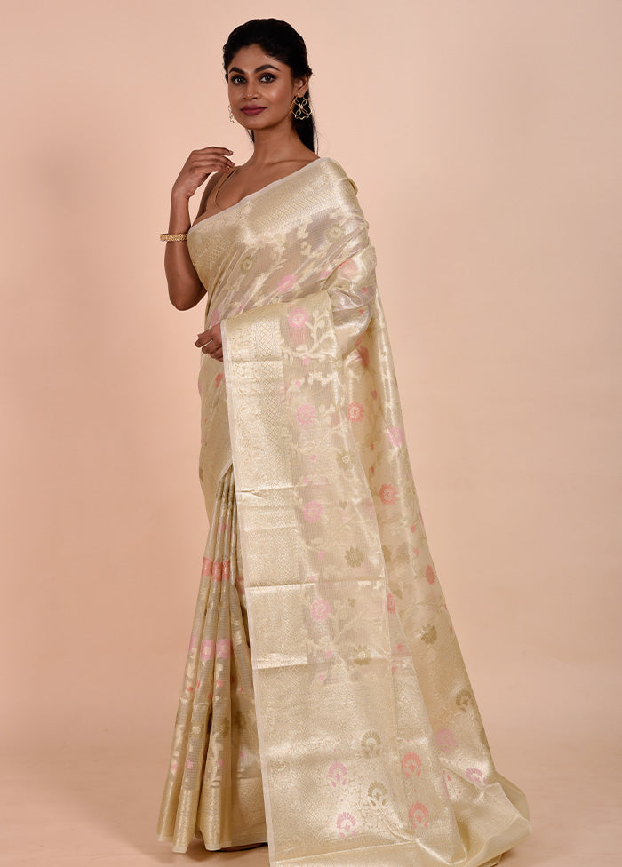 Cream Tissue Silk Saree With Blouse Piece Cheap Sale Supply