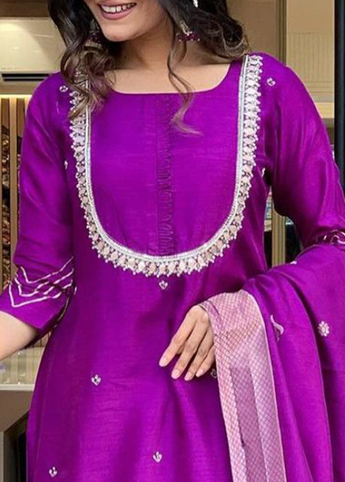 3 Pc Purple Readymade Chanderi Suit Set Wholesale Pice For Sale