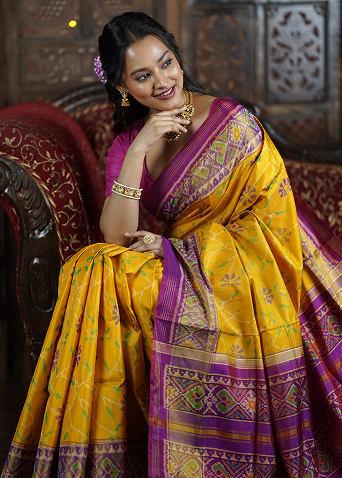 Yellow Handloom Patola Pure Silk Saree With Blouse Piece Sale Extremely