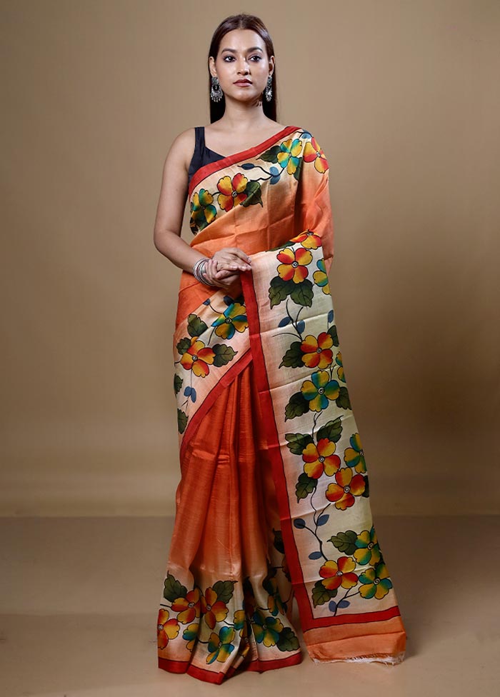 Orange  Printed Pure Silk Saree Without Blouse Piece Release Dates Sale Online