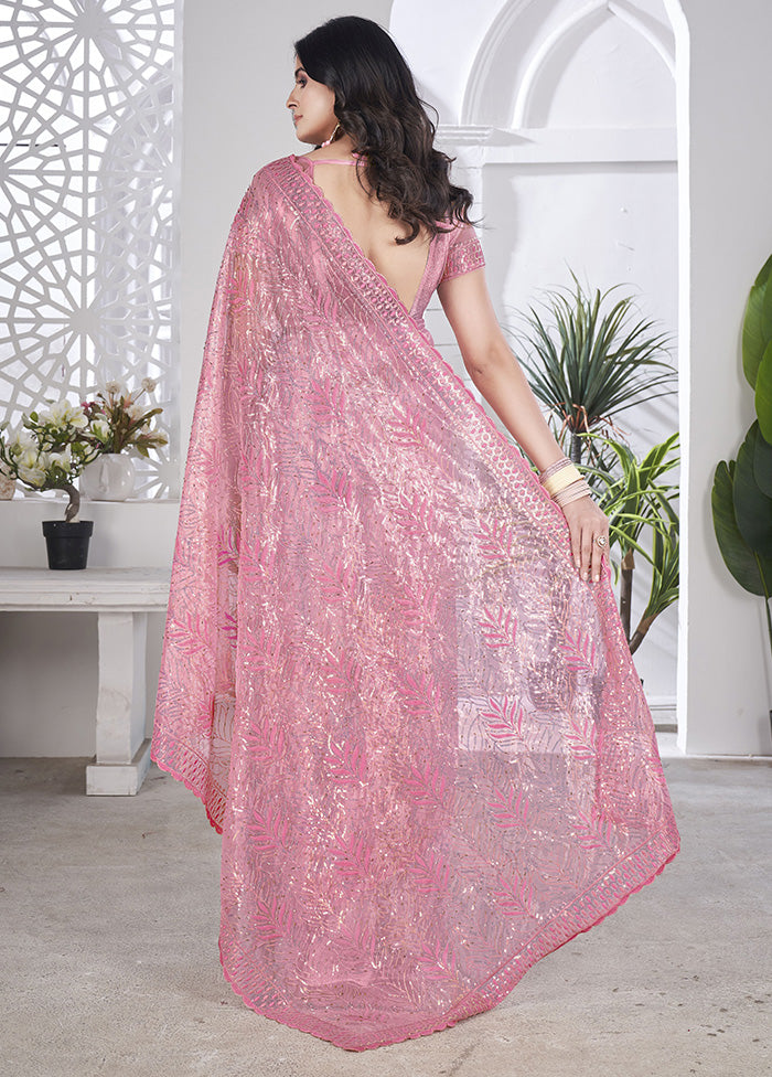 Pink Net Net Saree With Blouse Piece Clearance Original