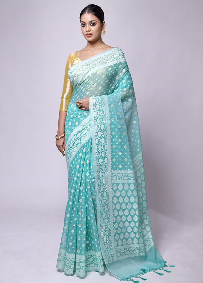 Blue Kora Silk Saree With Blouse Piece Free Shipping Manchester