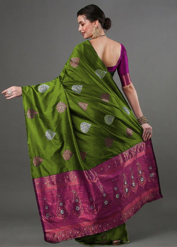 Olive Green Banarasi Silk Saree With Blouse Piece 100% Original