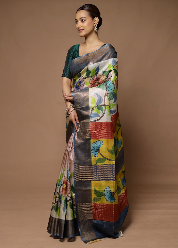 Cream Handloom Tussar Pure Silk Saree With Blouse Piece Cost For Sale