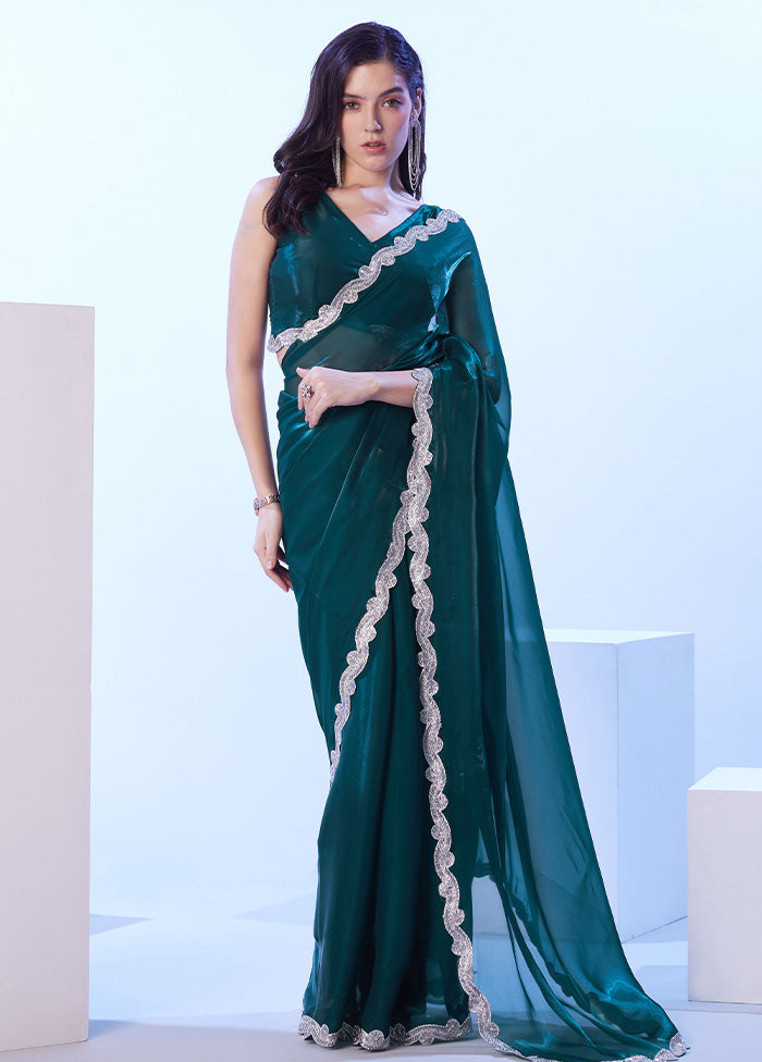 Teal Blue Satin Silk Saree With Blouse Piece The Cheapest For Sale