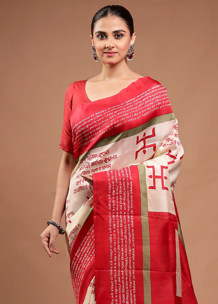 Cream Printed Pure Silk Saree Without Blouse Piece Cheap Fashionable