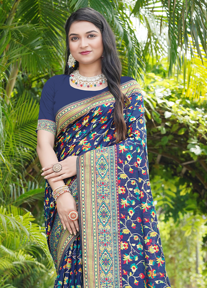 Navy Blue Pasmina Silk Saree With Blouse Piece For Sale 2025