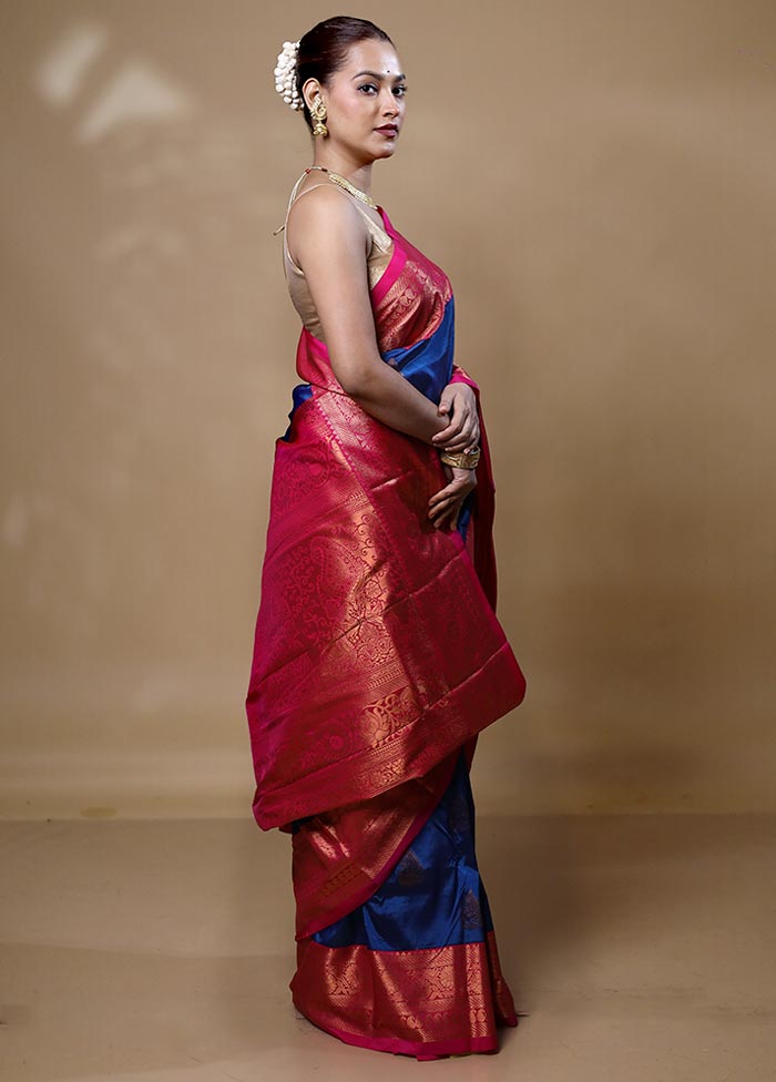 Blue Kanjivaram Silk Saree With Blouse Piece Discount Largest Supplier