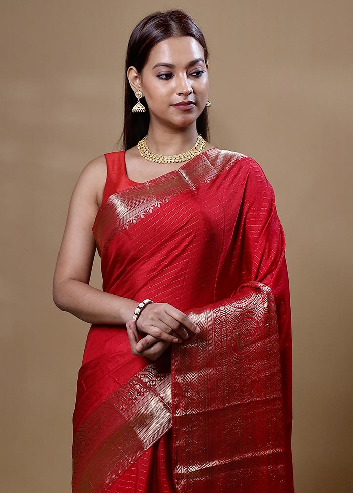 Red Dupion Silk Saree With Blouse Piece Buy Cheap Footlocker