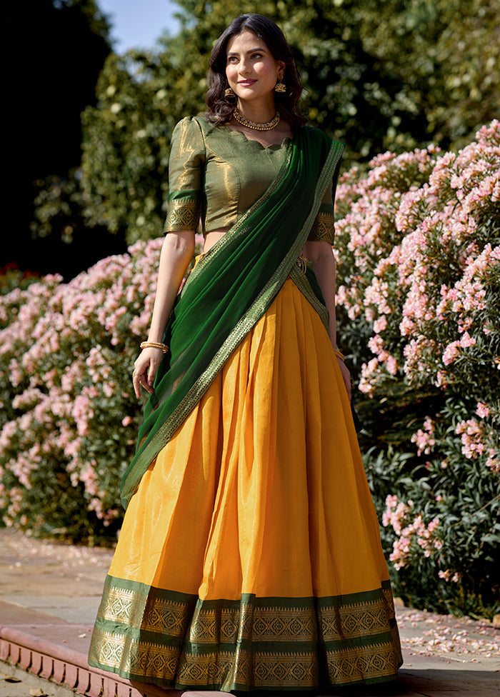 3 Pc Yellow Silk Semi Stitched Lehenga Set Sale Top Quality