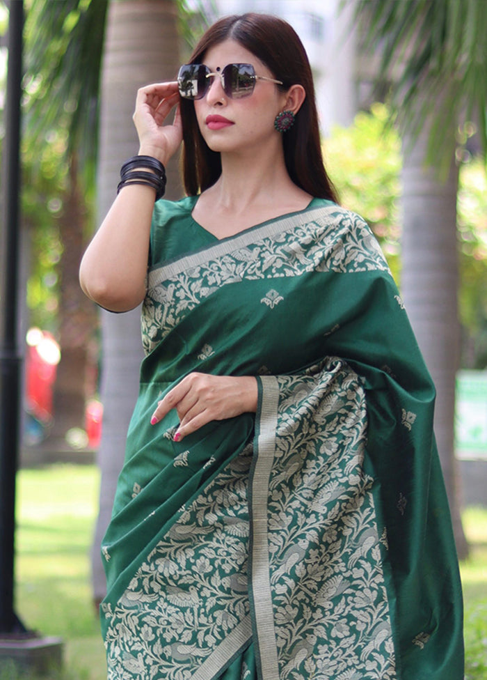 Green Spun Silk Saree With Blouse Piece Cheap Sale Big Sale