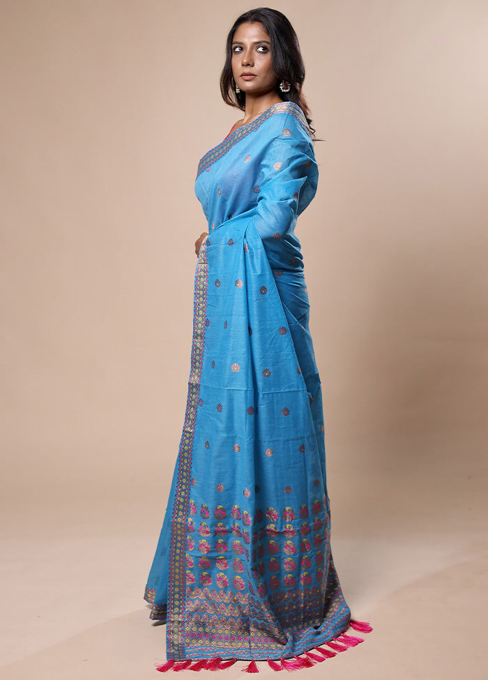 Blue Assam Silk Saree With Blouse Piece Sale 2025