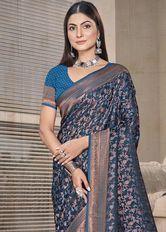 Blue Spun Silk Saree With Blouse Piece Cheap Sale Pictures