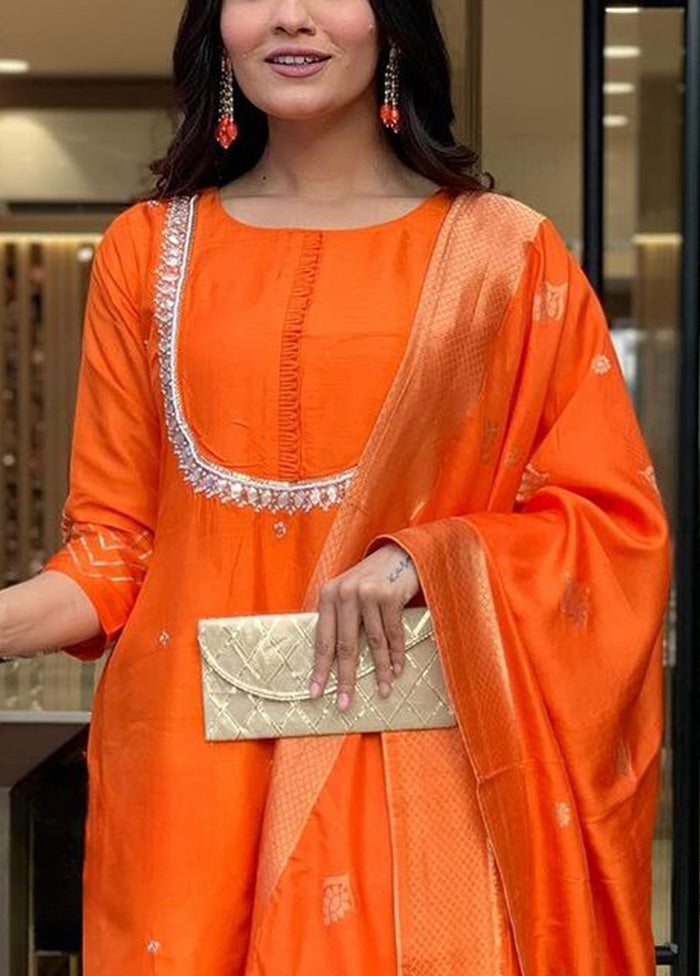 3 Pc Orange Readymade Viscose Dupatta Suit Set Footlocker Pictures Cheap Online