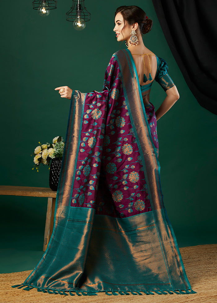 Wine Banarasi Silk Saree With Blouse Piece Discount Great Deals