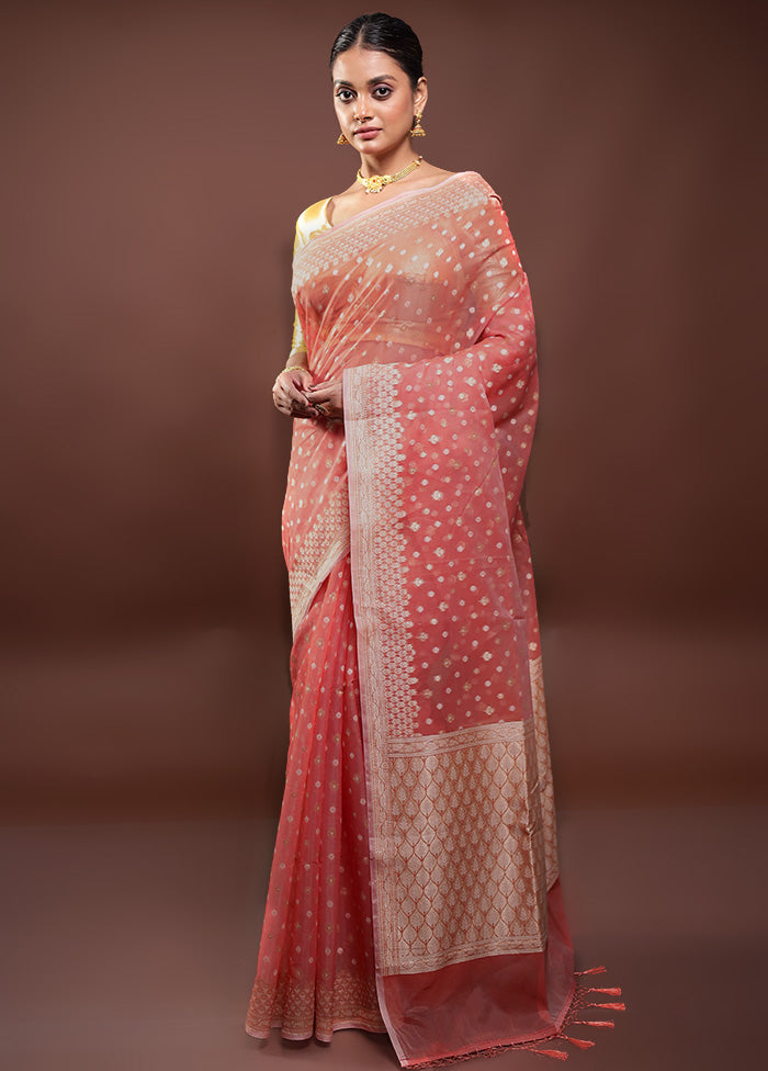 Peach Kora Silk Saree With Blouse Piece Discount Classic