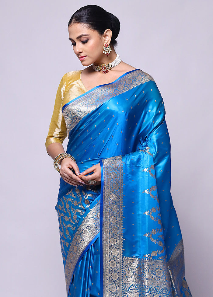 Blue Banarasi Silk Saree With Blouse Piece Hot Sale