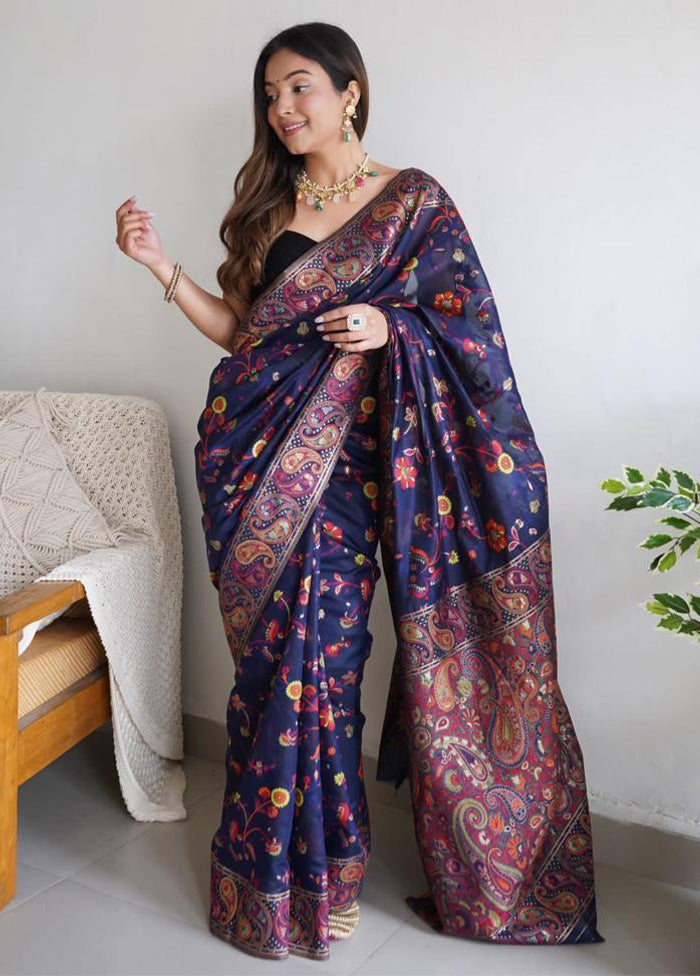 Blue Banarasi Silk Saree With Blouse Piece Cost Online