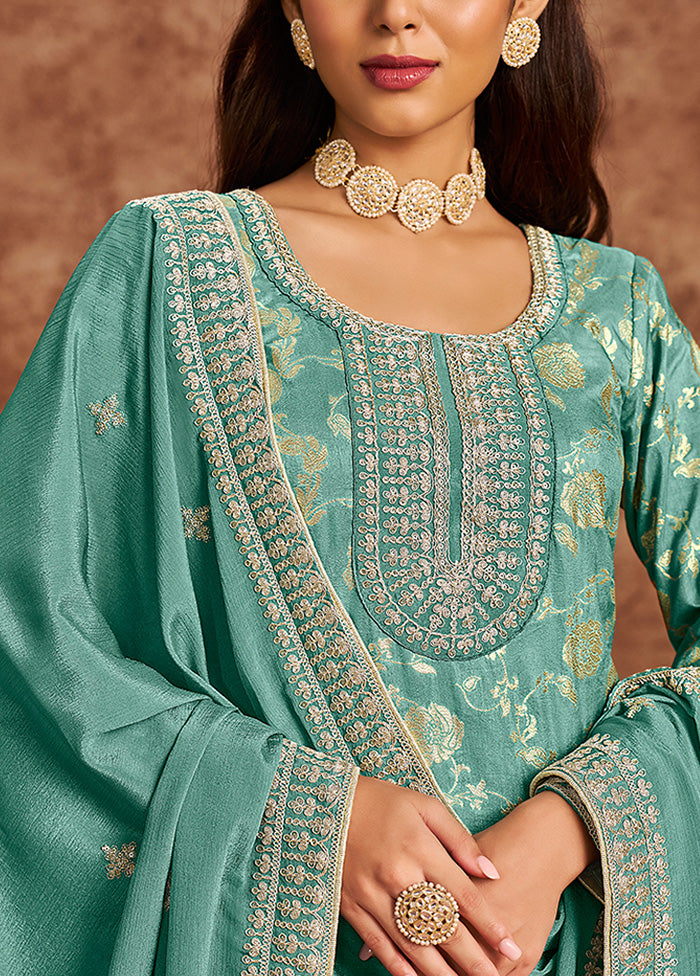 3 Pc Sea Green Semi Stitched Silk Suit Set Clearance Pick A Best