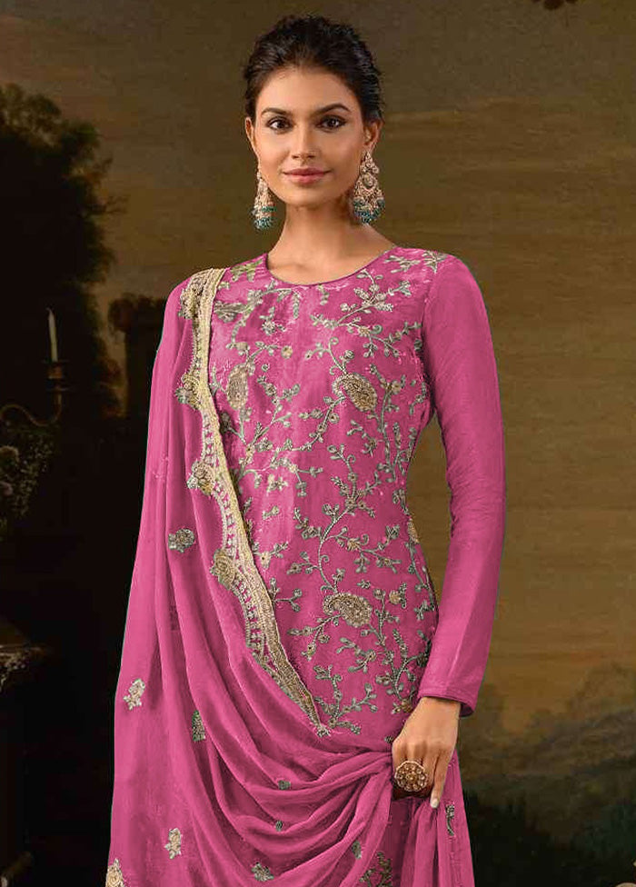 3 Pc Pink Semi Stitched Silk Suit Set Clearance Free Shipping