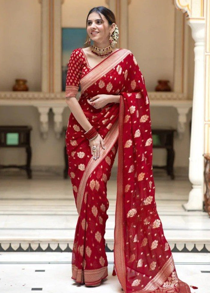 Red Banarasi Silk Saree With Blouse Piece Buy Cheap Deals