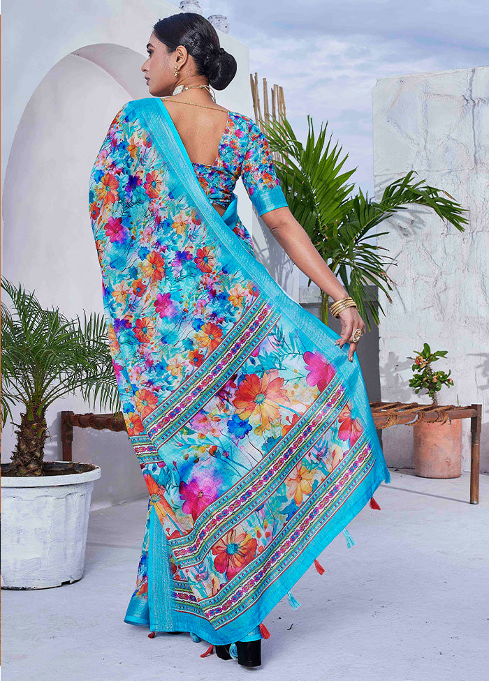 Sky Blue Linen Silk Saree With Blouse Piece Cheap Sale With Credit Card