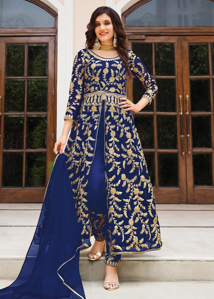 3 Pc Royal Blue Semi Stitched Net Suit Set Clearance Low Pice