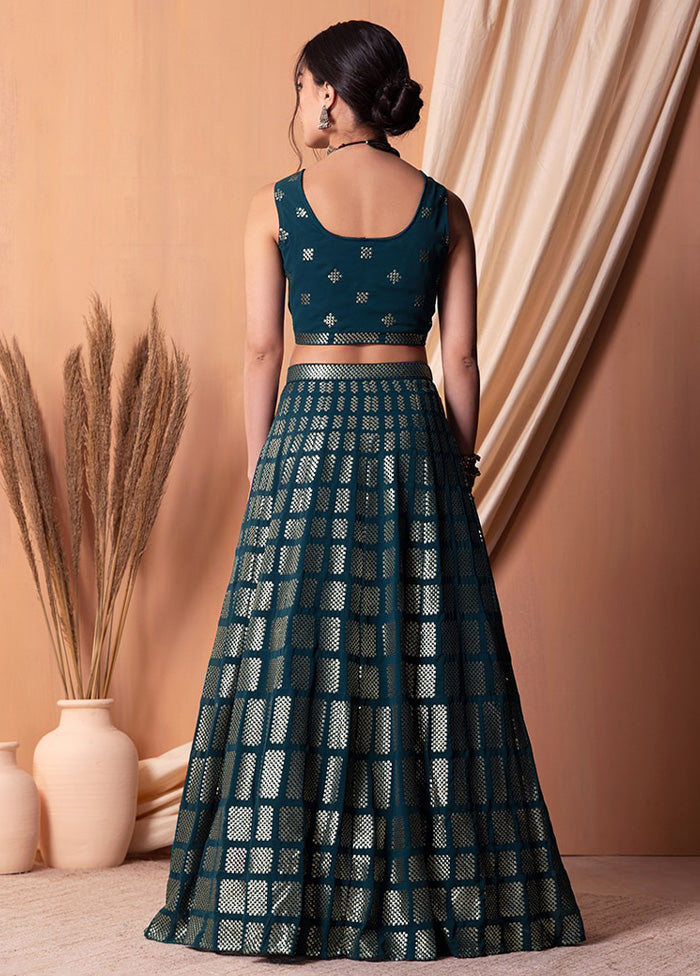 3 Pc Teal Georgette Semi Stitched Lehenga Set Sale Reliable