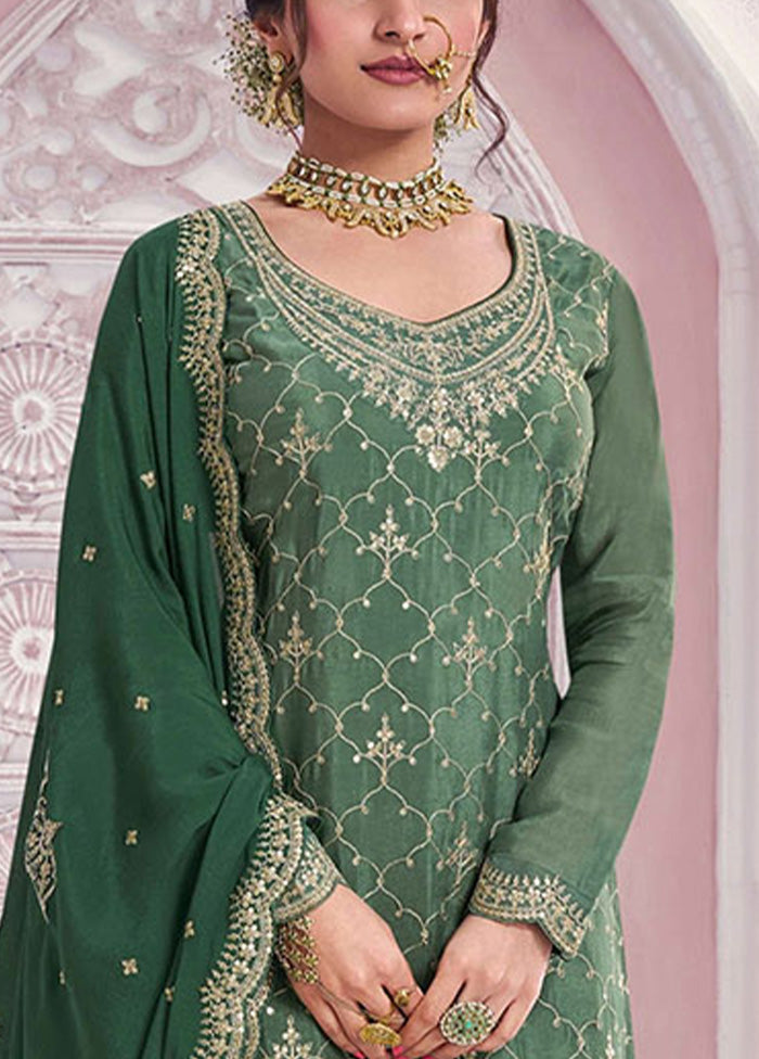 3 Pc Green Semi Stitched Silk Dupatta Suit Set Sale Explore