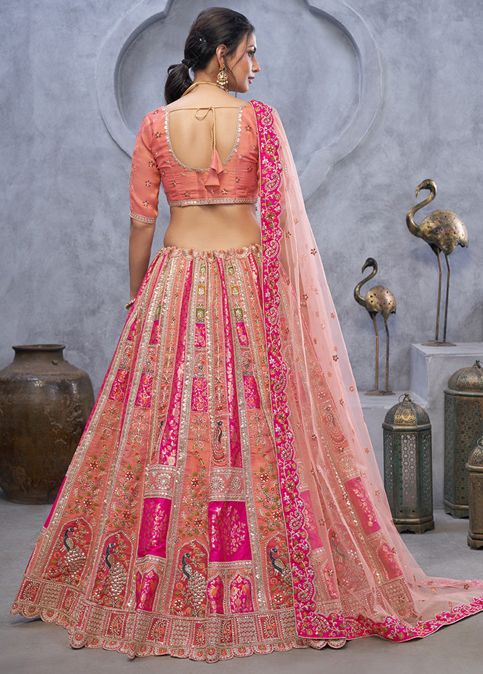 3 Pc Pink Silk Semi Stitched Lehenga Set Sast Sale Online