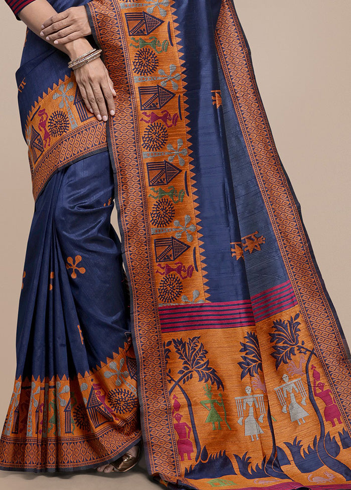 Blue Spun Silk Saree With Blouse Piece 100% Authentic For Sale