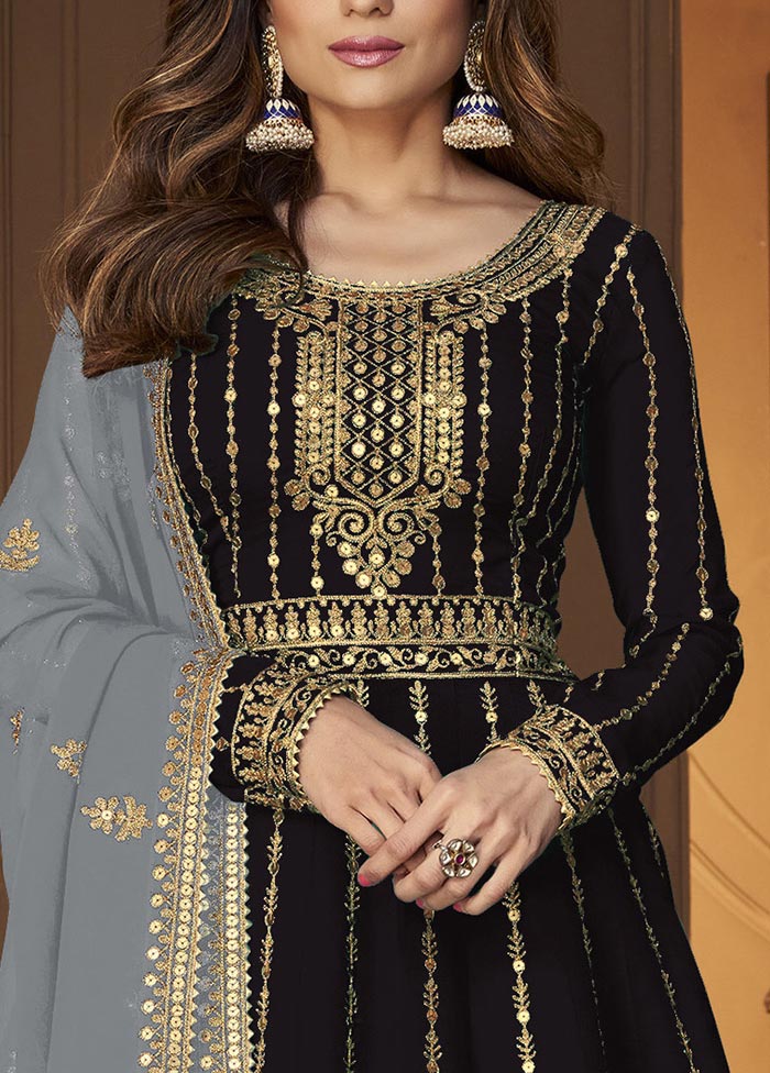 3 Pc Black Semi Stitched Georgette Suit Set Store Online