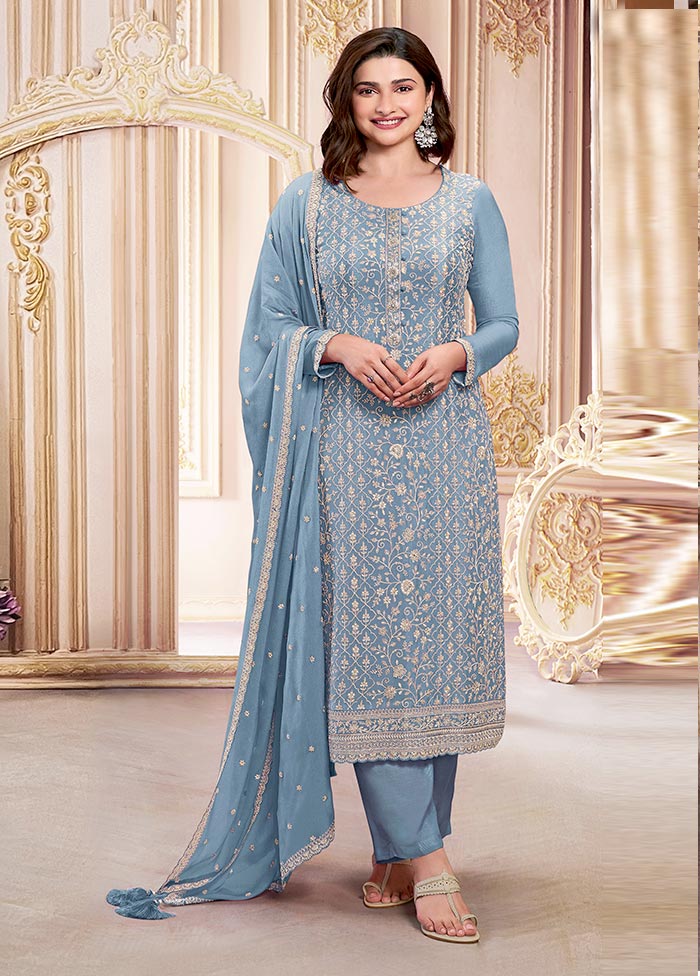 3 Pc Sky Blue Semi Stitched Georgette Suit Set High Quality Cheap Pice