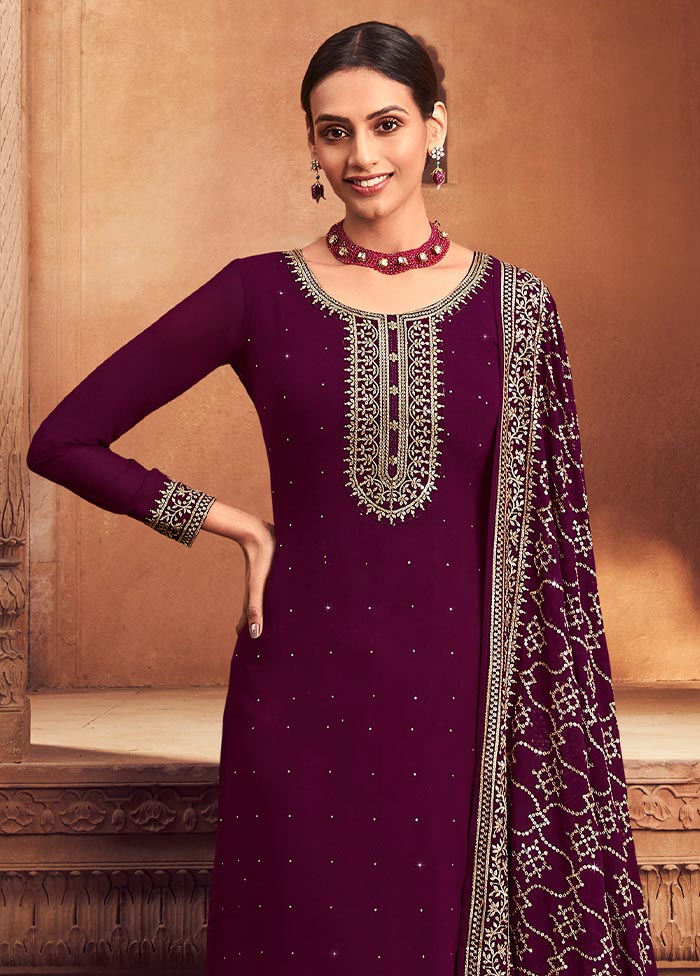 3 Pc Burgundy Semi Stitched Georgette Suit Set Visit Online