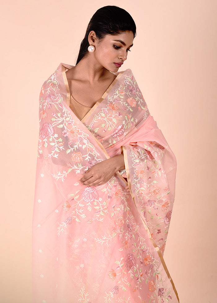 Baby Pink Organza Saree With Blouse Piece Discount Cheap Online