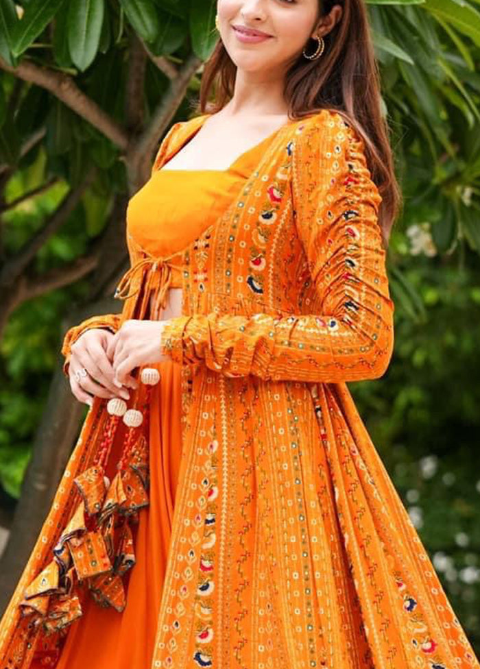 3 Pc Orange Readymade Georgette Shrug Suit Set Deals Cheap Online