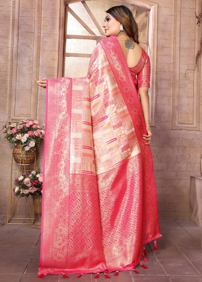 Cream Banarasi Silk Saree With Blouse Piece Clearance Low Pice Fee Shipping