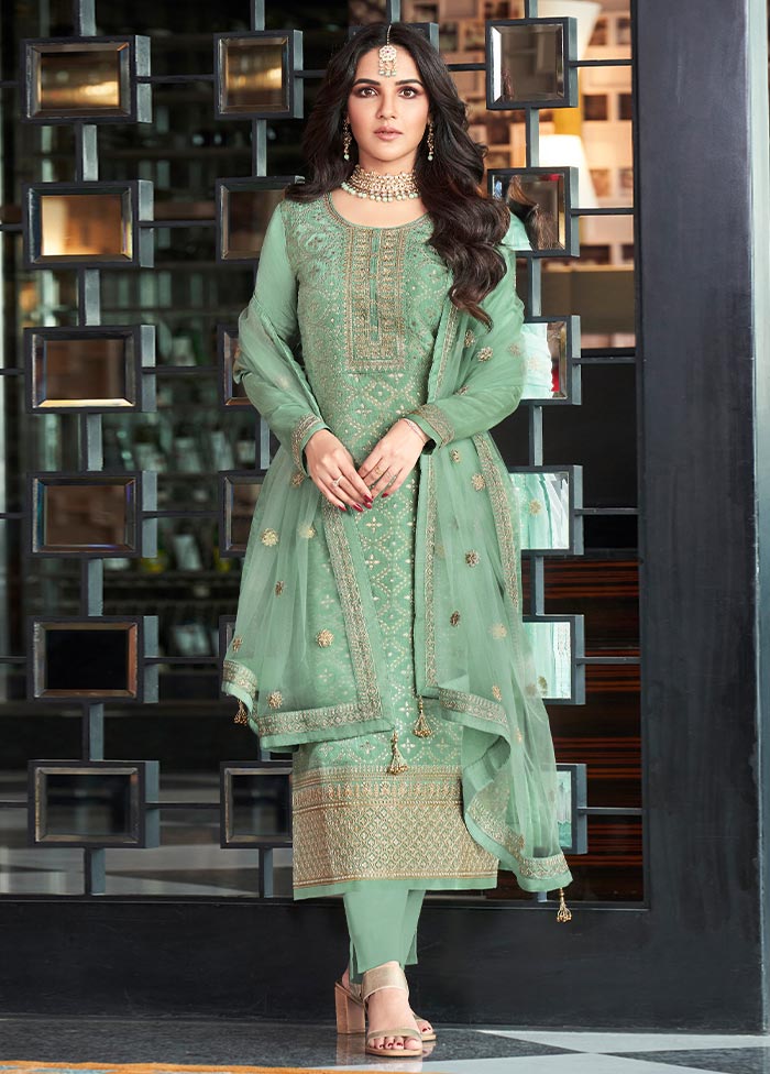 3 Pc Mint Green Semi Stitched Silk Suit Set Free Shipping The Cheapest