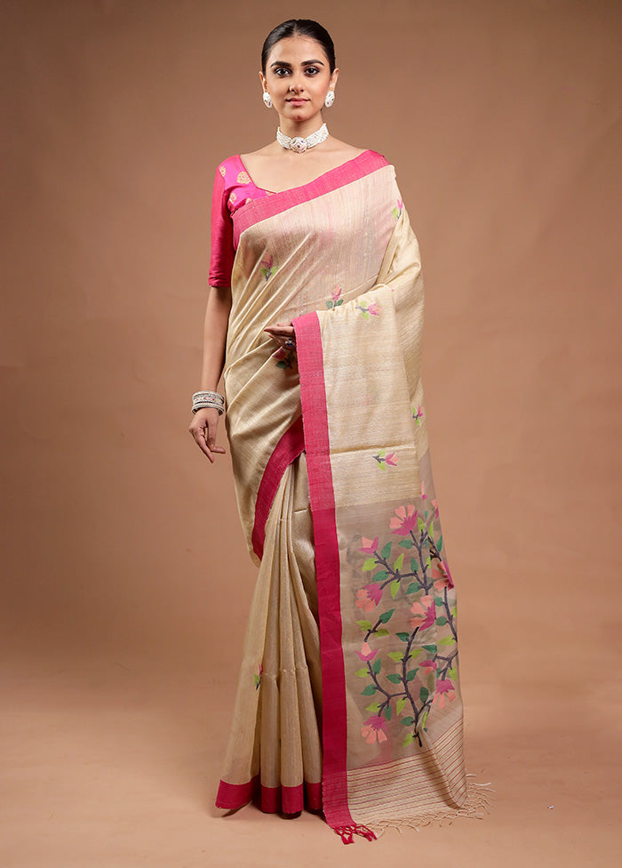 Cream Handloom Tussar Pure Silk Saree With Blouse Piece Discount Wholesale