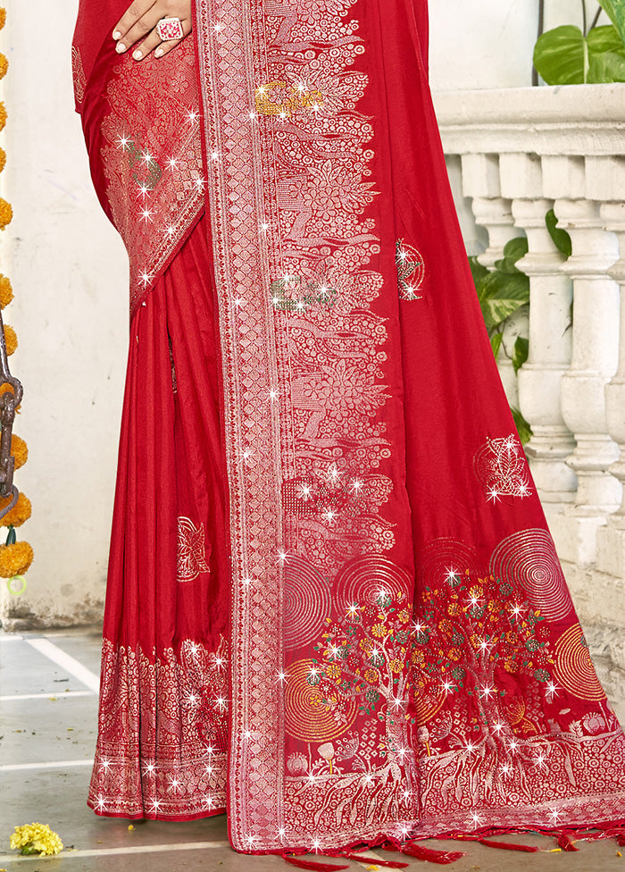 Red Spun Silk Saree With Blouse Piece Cheap Sale Get Authentic