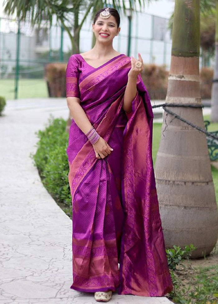 Purple Banarasi Silk Saree With Blouse Piece Low Pice Fee Shipping