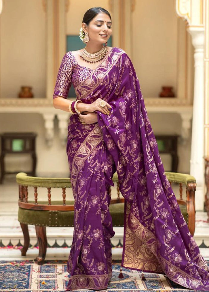 Purple Banarasi Silk Saree With Blouse Piece Cheap Pice Buy Discount