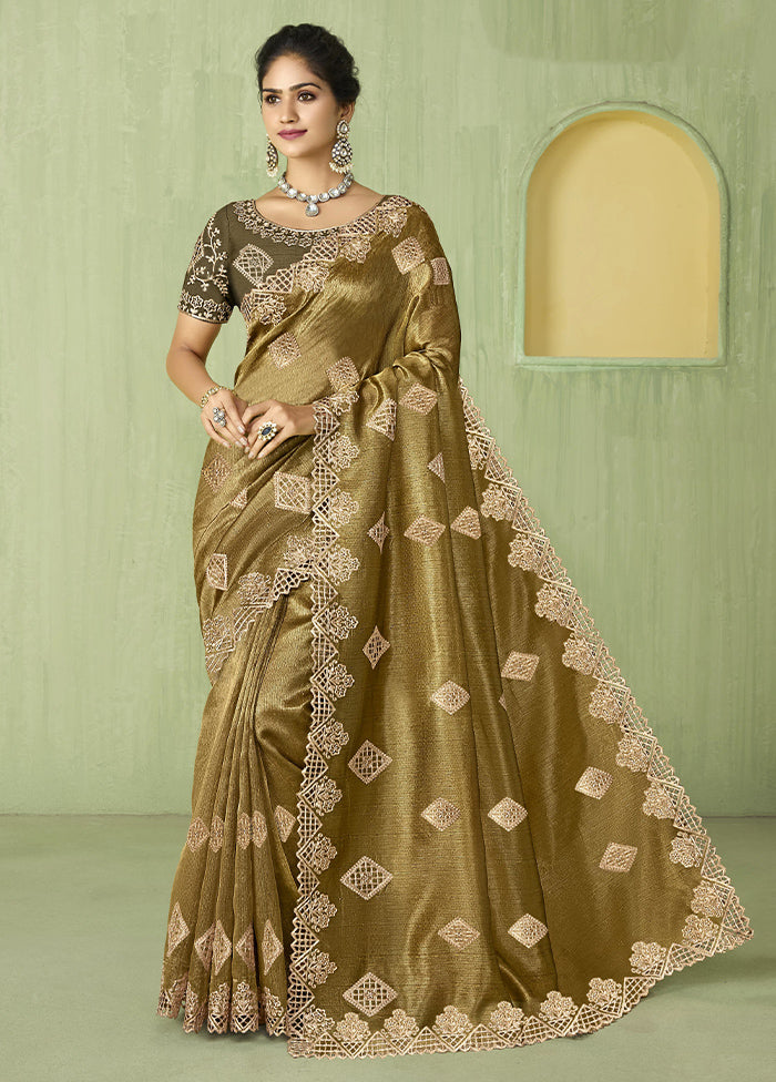 Olive Green Spun Silk Saree With Blouse Piece Cheap Low Cost