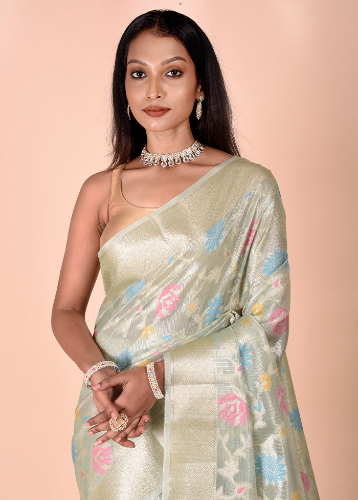 Green Tissue Silk Saree With Blouse Piece Sale Pre Order