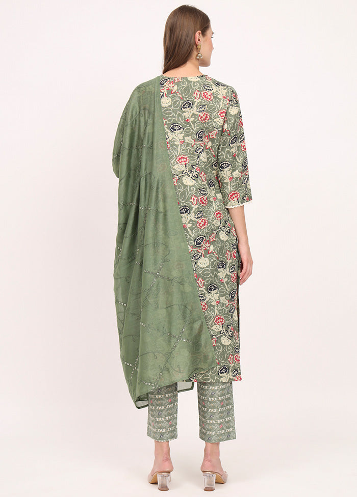 3 Pc Green Readymade Cotton Dupatta Suit Set Sale With Paypal