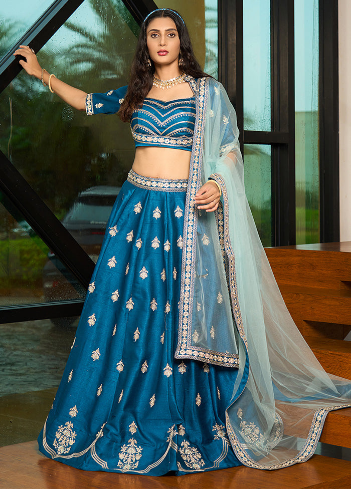 3 Pc Blue Silk Semi Stitched Lehenga Set Excellent Online