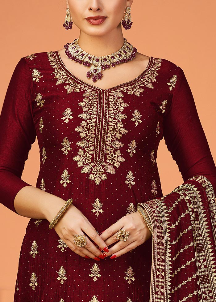 3 Pc Maroon Semi Stitched Georgette Suit Set Popular